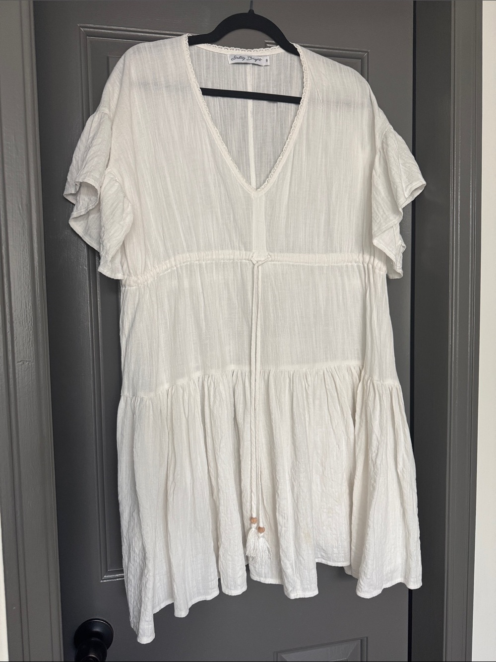 Lightweight V-Neck Tiered babydoll mini dress - cream